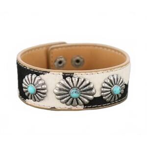 NEW BOHO RANCH women's cowhide hair-on concho cuff bracelet in black & white